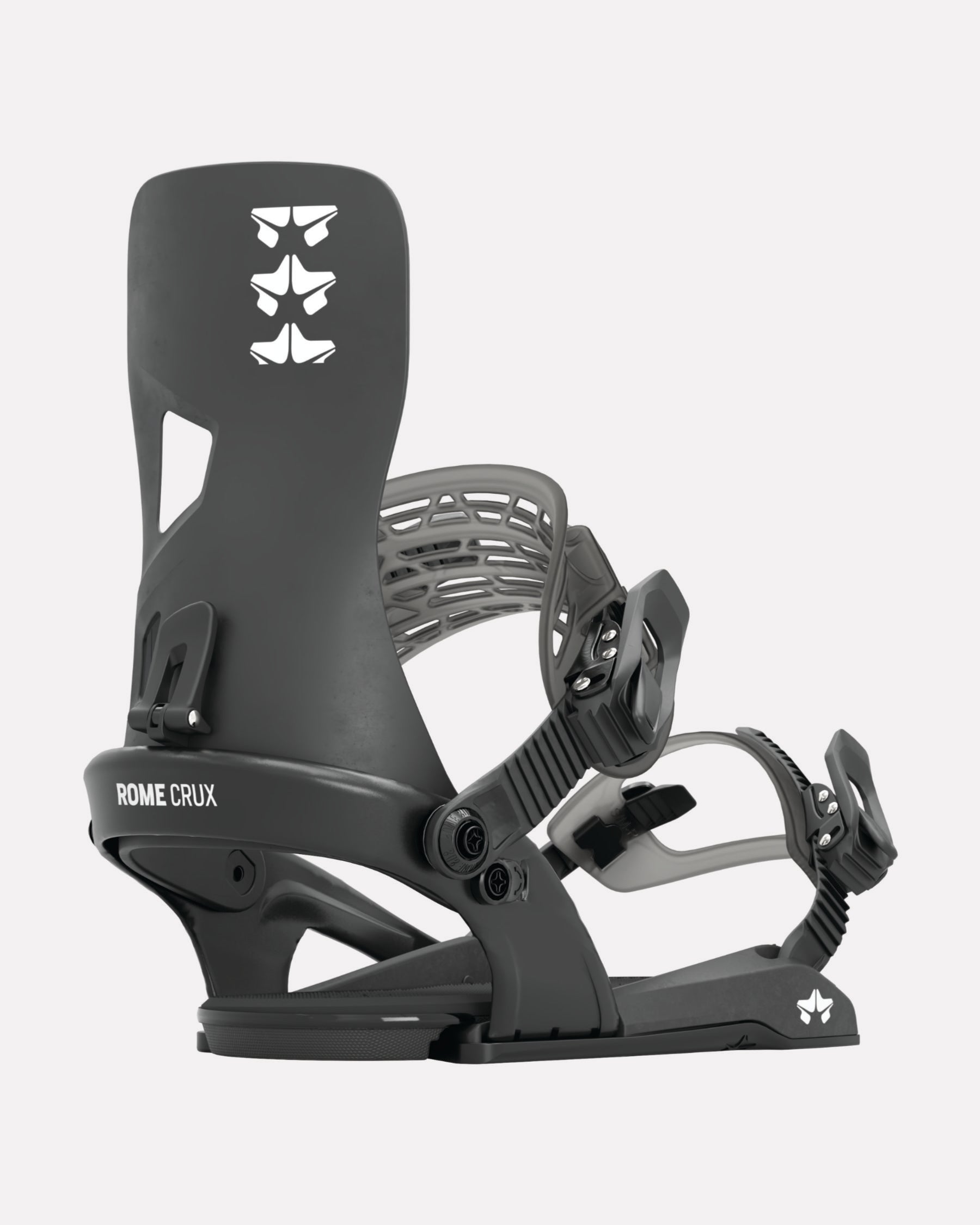 Rome Crux 2023 mens snowboard bindings product photo from the back cover shot in the studio color black