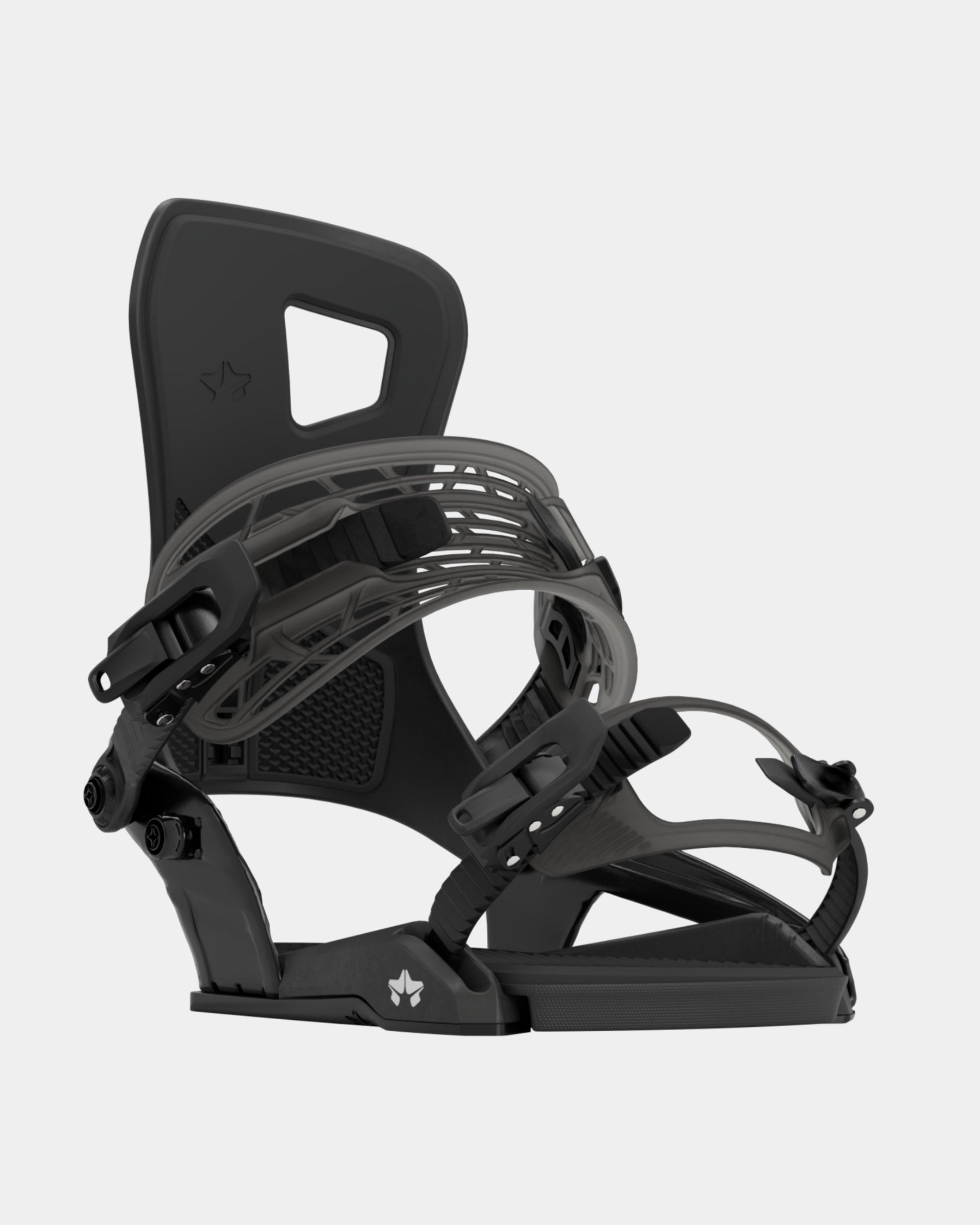 Rome Flare 2022 womens snowboard bindings product photo from the back front cover shot in the studio color-black