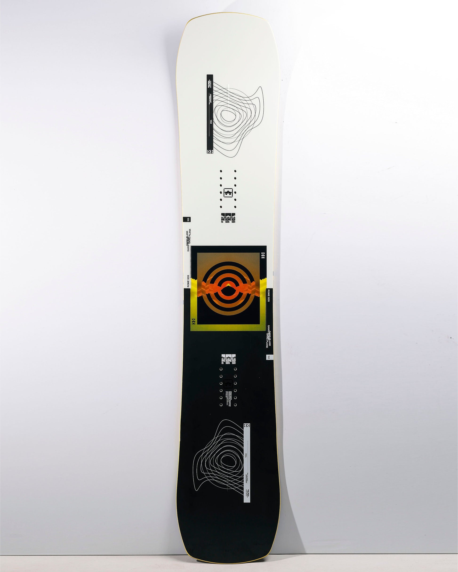 rome gang plank 2023 all mountain freestyle snowboards product photo from front shot in studio